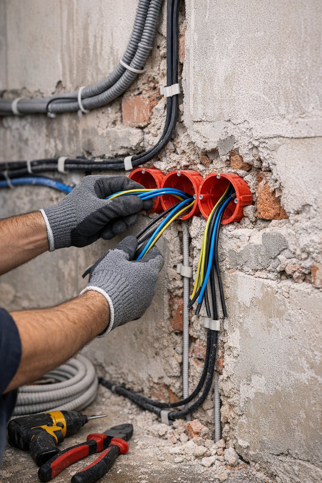 Montaż instalacji elektrycznej Poznań – elektryk przy okablowaniu